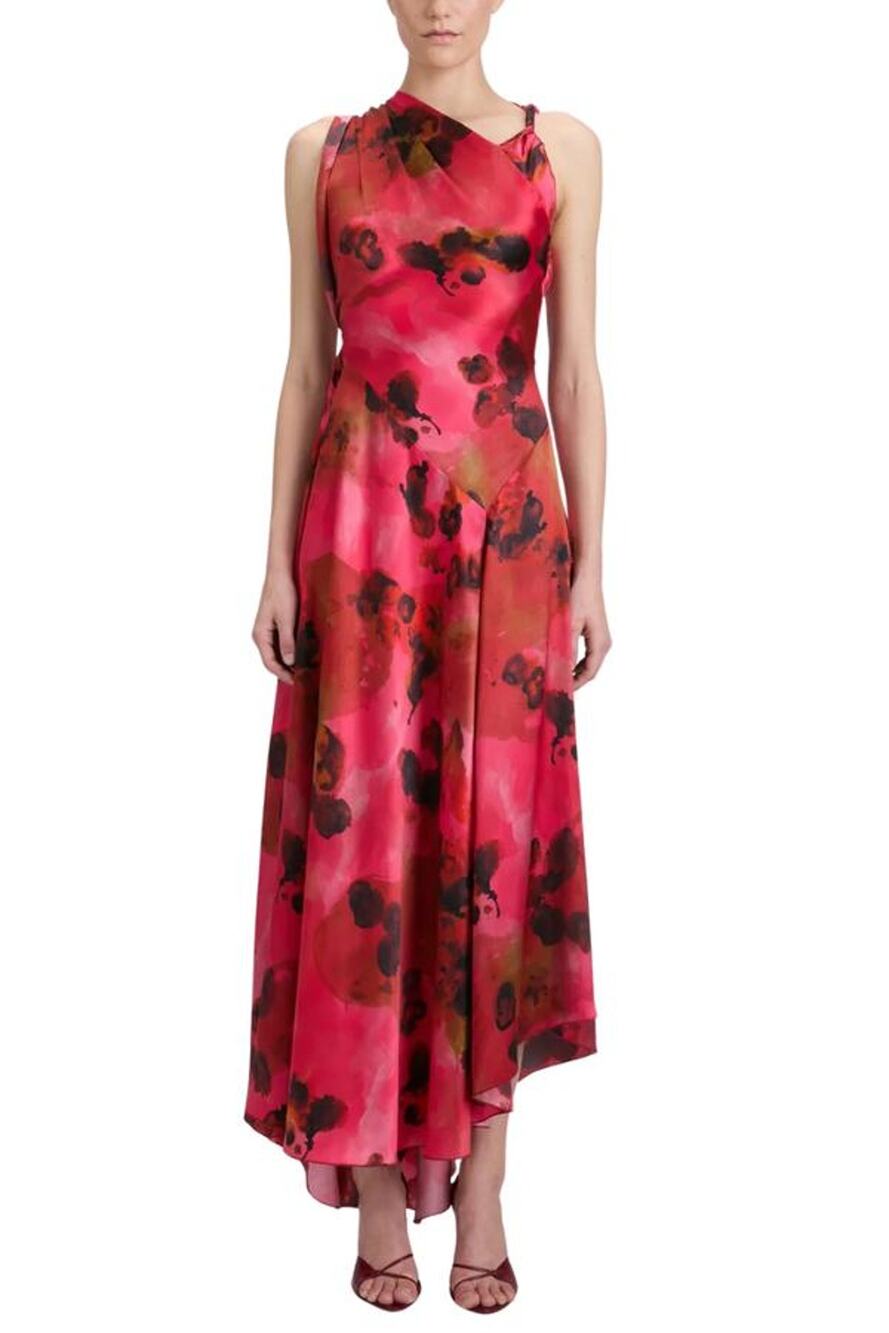 Victoria Beckham Draped Floral Print Silk Midi Dress Raspberry Floral UK 6 US 2